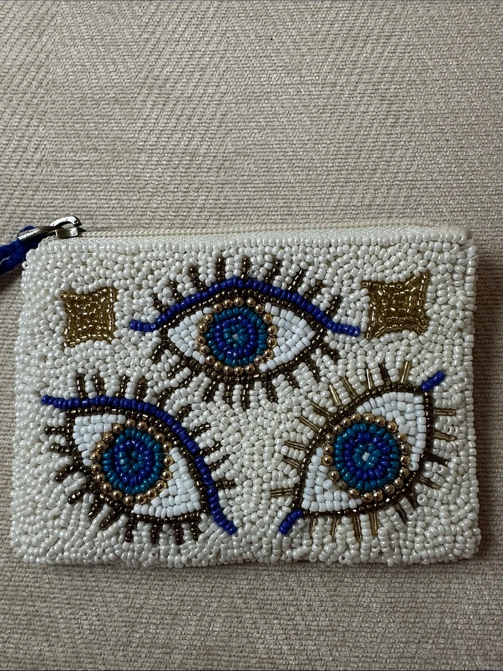 Beaded Evil Eye Coin Purse with Blue Tassel